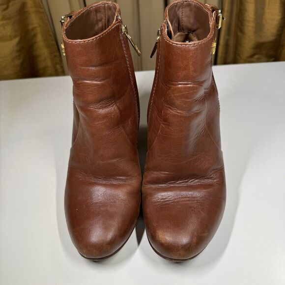 Tory Burch Milan Brown Leather Wedge Ankle Boots Size 6.5M Side Zip Logo Buckle - Picture 2 of 13